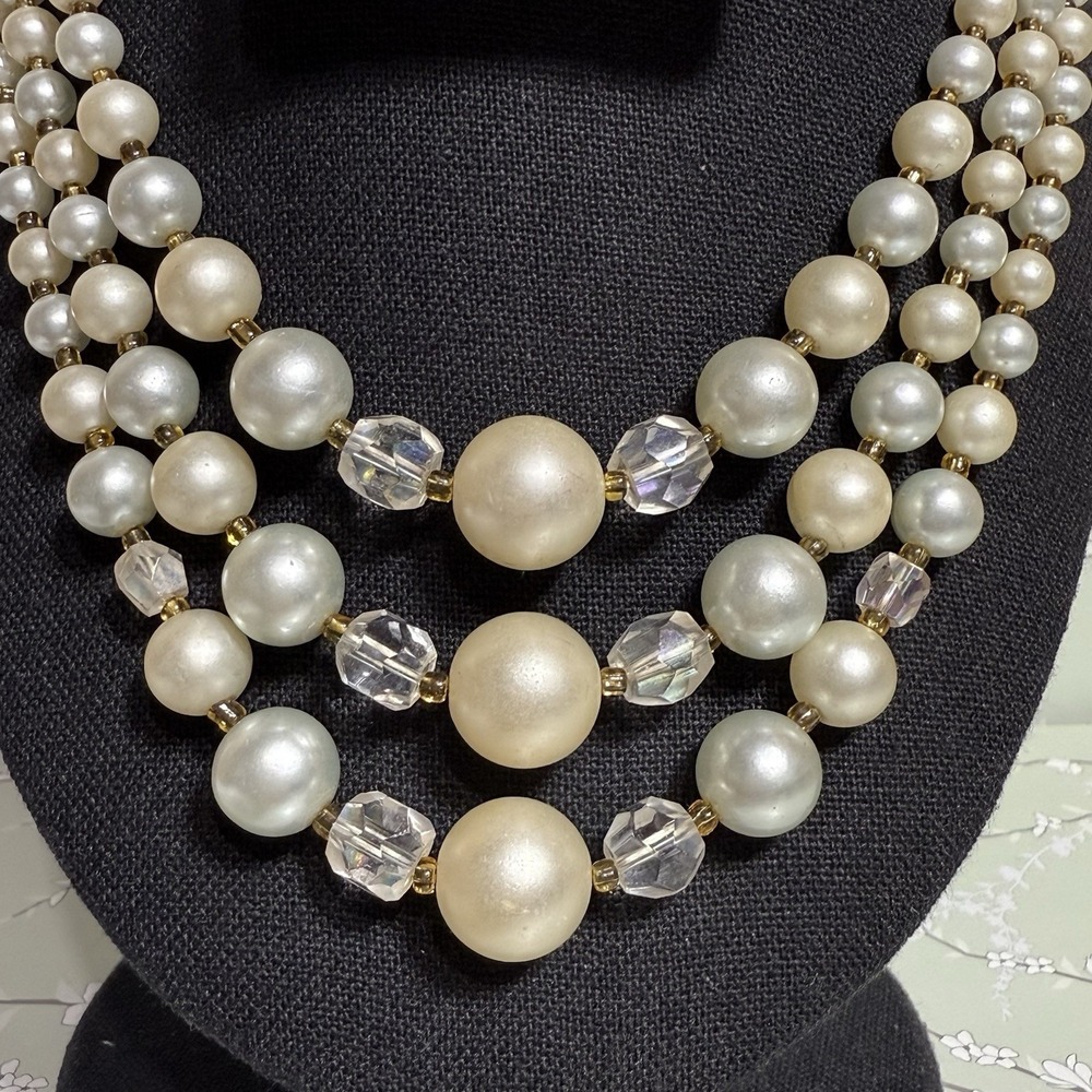 VTG Necklace Multi-Strand Signed JAPAN Gold Tone Faux Pearl Shepherd Hook Estate - Picture 2 of 12